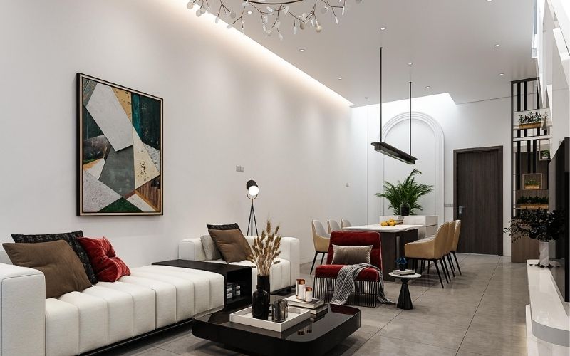 Nhà ống màu trắng sứ, nội thất tiện nghi, nhấn điểm tranh treo tường nghệ thuật Nhà ống màu trắng sứ, nội thất tiện nghi, nhấn điểm tranh treo tường nghệ thuật