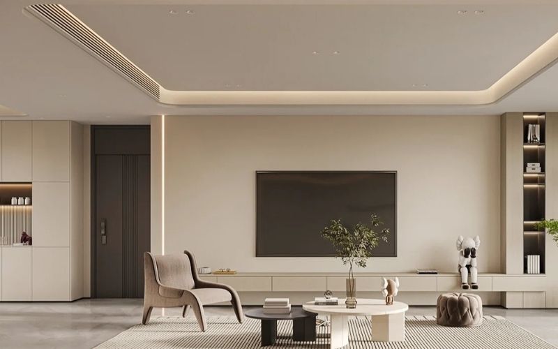 Trần thạch cao phòng khách đơn giản kết hợp cùng nội thất tone màu be Trần thạch cao phòng khách đơn giản kết hợp cùng nội thất tone màu be