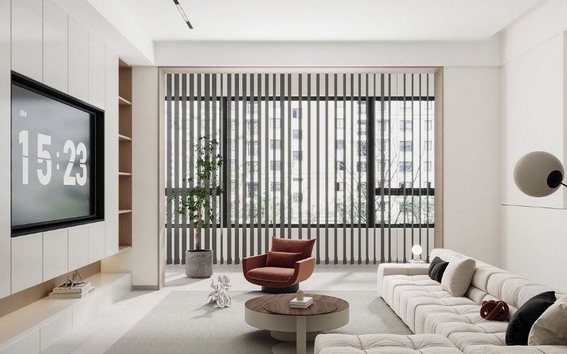 Trần thạch cao phòng khách đơn giản gam màu trắng, bố trí kệ tủ đa năng Trần thạch cao phòng khách đơn giản gam màu trắng, bố trí kệ tủ đa năng