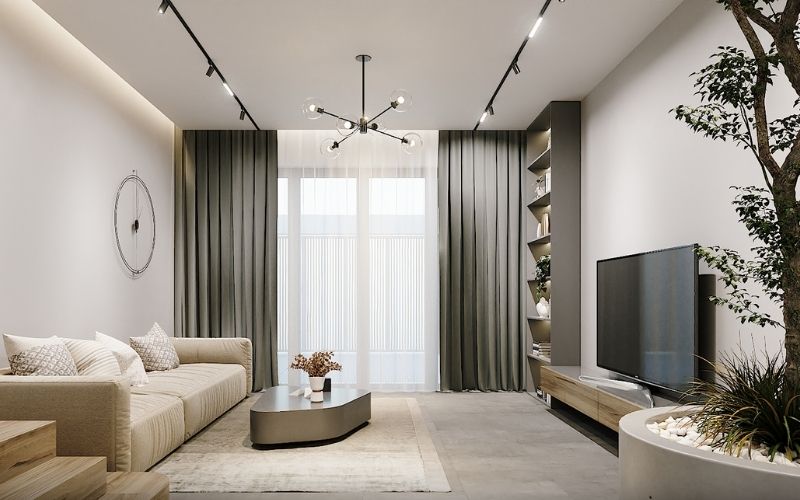 Trần thạch cao phòng khách đơn giản kết hợp đèn thả và âm trần sang trọng Trần thạch cao phòng khách đơn giản kết hợp đèn thả và âm trần sang trọng