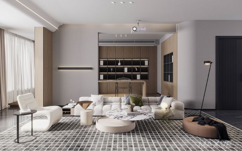 Trần thạch cao phẳng, bố trí nội thất màu pastel giúp phòng khách rộng rãi Trần thạch cao phẳng, bố trí nội thất màu pastel giúp phòng khách rộng rãi