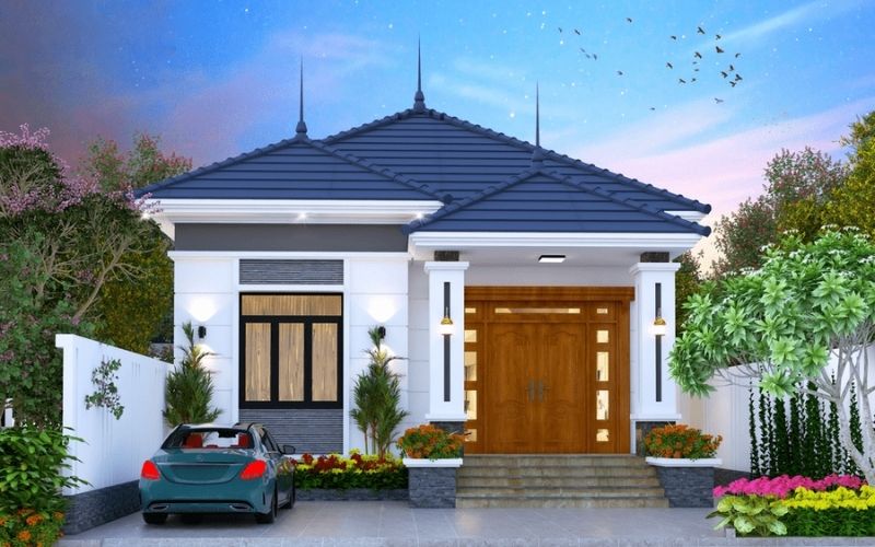 Nhà cấp 4 màu trắng sứ phong cách hiện đại, bố trí sân vườn rộng rãi Nhà cấp 4 màu trắng sứ phong cách hiện đại, bố trí sân vườn rộng rãi