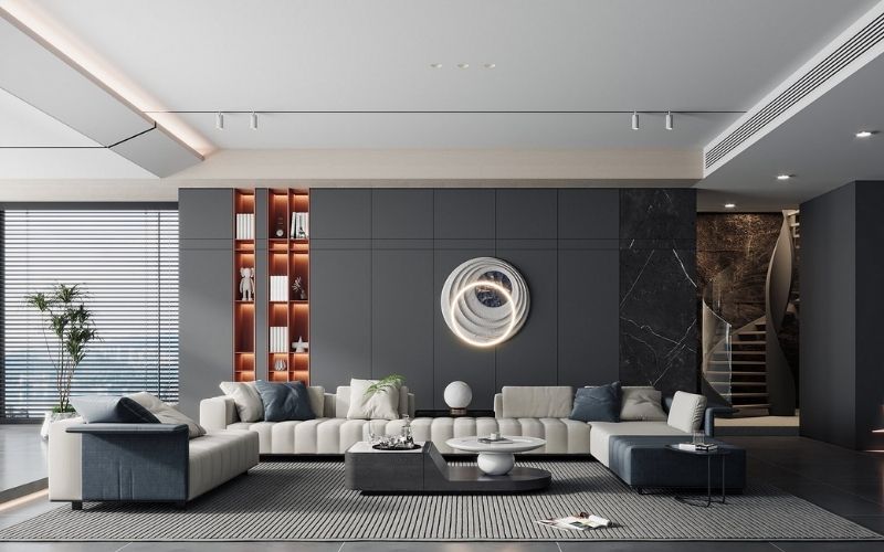 Trần giật cấp phòng khách 25m2, bố trí cây xanh thoáng đãng Trần giật cấp phòng khách 25m2, bố trí cây xanh thoáng đãng