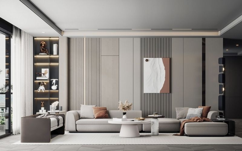 Trần giật cấp kín phòng khách 25m2 màu kem, nhấn điểm tranh treo tường Trần giật cấp kín phòng khách 25m2 màu kem, nhấn điểm tranh treo tường