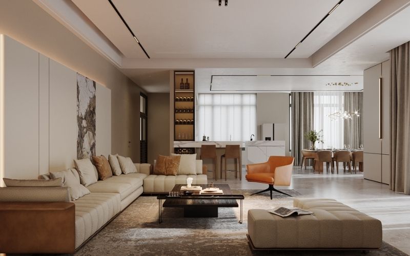 Trần giật cấp cho phòng khách 25m2 với tone màu trắng kem nổi bật Trần giật cấp cho phòng khách 25m2 với tone màu trắng kem nổi bật