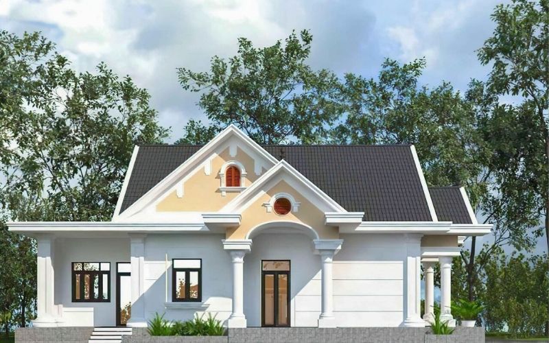 Nhà mái thái màu trắng sứ thiết kế đơn giản, kết hợp cửa kính hiện đại Nhà mái thái màu trắng sứ thiết kế đơn giản, kết hợp cửa kính hiện đại