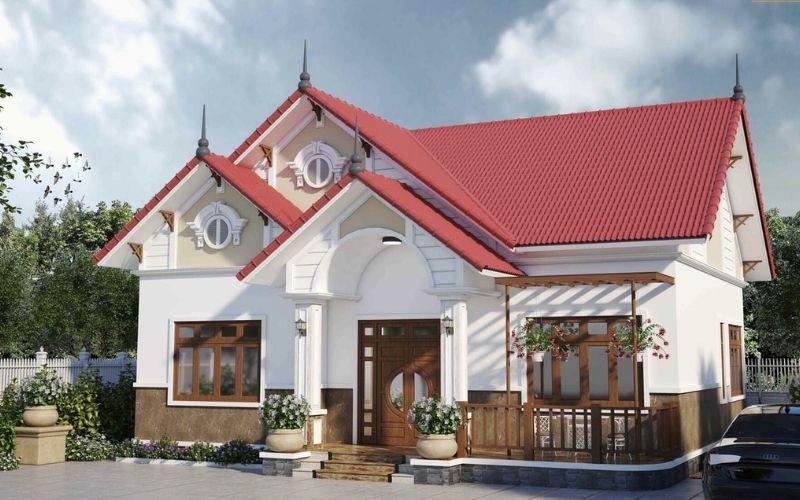 Nhà mái thái màu trắng sứ kết hợp trồng hoa tạo cảm giác tươi mát Nhà mái thái màu trắng sứ kết hợp trồng hoa tạo cảm giác tươi mát