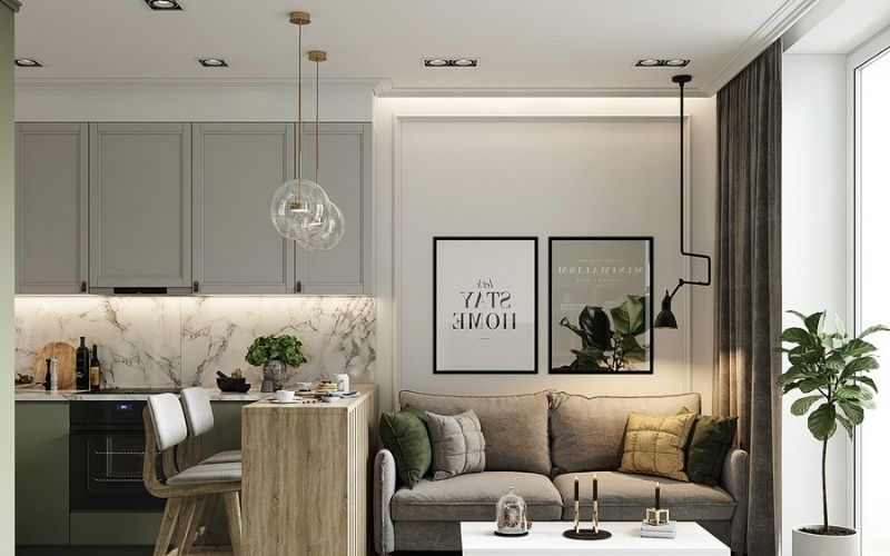 Trần thạch cao phòng khách liền bếp hiện đại, kết hợp đèn led âm trần Trần thạch cao phòng khách liền bếp hiện đại, kết hợp đèn led âm trần