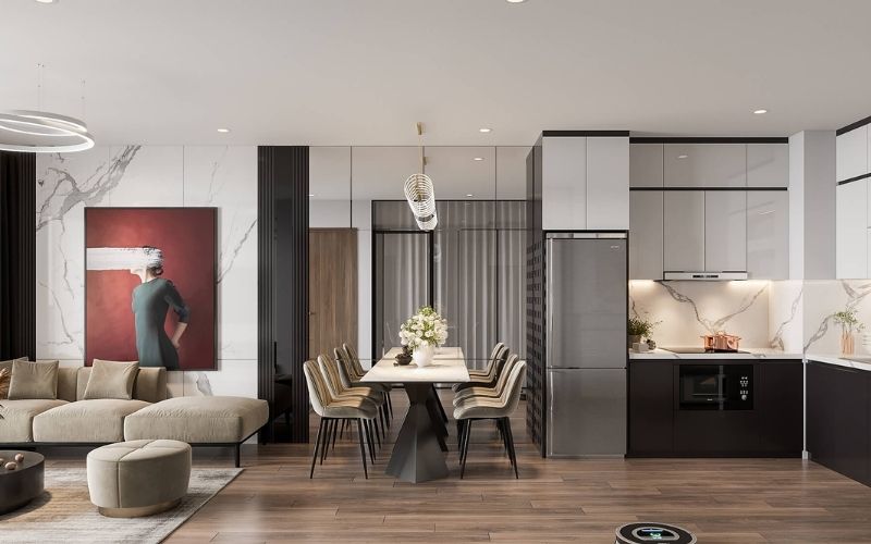 Trần thạch cao phòng khách liền bếp không sử dụng vách ngăn Trần thạch cao phòng khách liền bếp không sử dụng vách ngăn