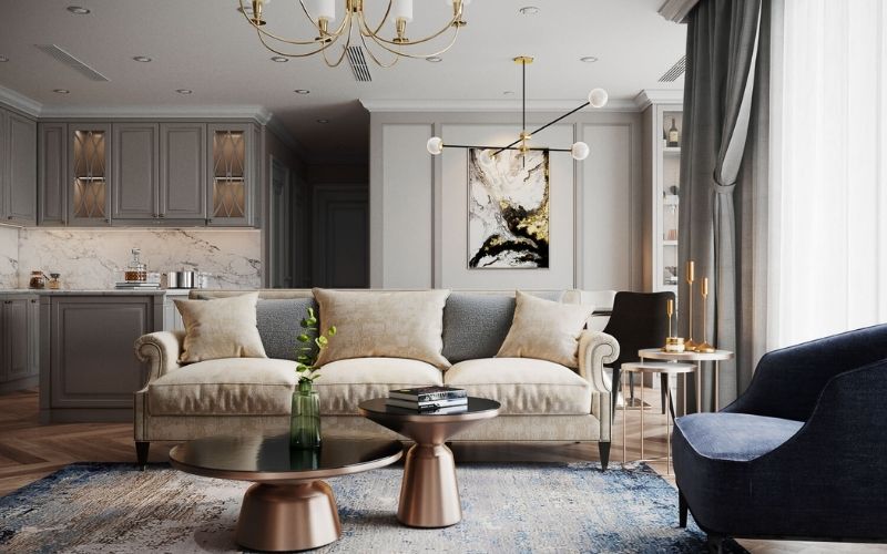 Trần thạch cao phòng khách liền bếp, kết hợp tủ bếp ốp tường tiện lợi Trần thạch cao phòng khách liền bếp, kết hợp tủ bếp ốp tường tiện lợi