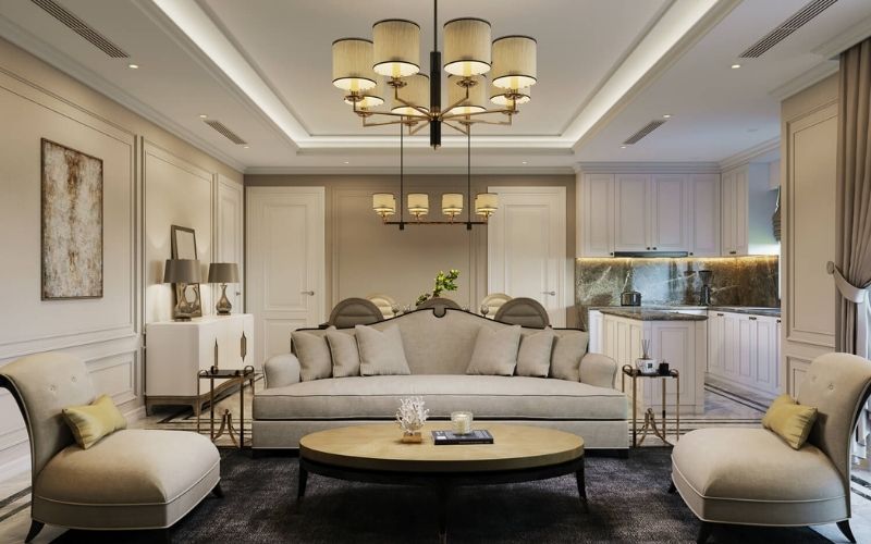 Trần giật cấp kín phòng khách liền bếp kết hợp đèn chùm sang trọng Trần giật cấp kín phòng khách liền bếp kết hợp đèn chùm sang trọng