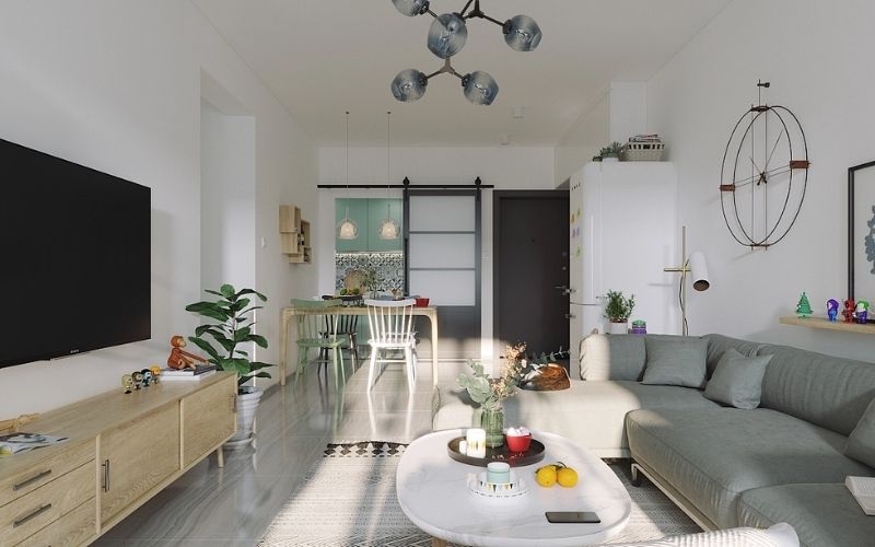 Trần phẳng phòng khách liền bếp với gam màu trắng, nhấn điểm đèn khối Trần phẳng phòng khách liền bếp với gam màu trắng, nhấn điểm đèn khối