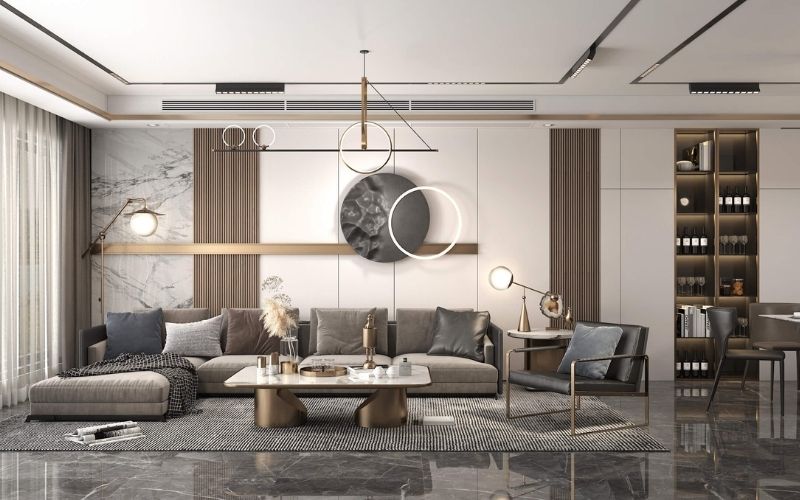 Trần phẳng cho phòng khách biệt thự kết hợp đèn ray cùng đèn thả ấn tượng Trần phẳng cho phòng khách biệt thự kết hợp đèn ray cùng đèn thả ấn tượng