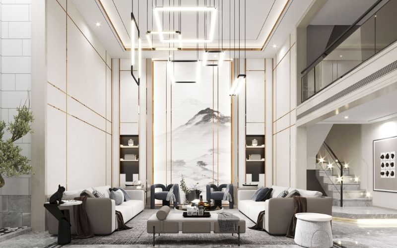 Trần giật cấp kín phòng khách biệt thự, bố trí tủ ốp tường hiện đại Trần giật cấp kín phòng khách biệt thự, bố trí tủ ốp tường hiện đại