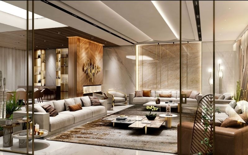 Trần giật cấp phòng khách biệt thự hiện đại, nhấn điểm đèn led âm trần Trần giật cấp phòng khách biệt thự hiện đại, nhấn điểm đèn led âm trần