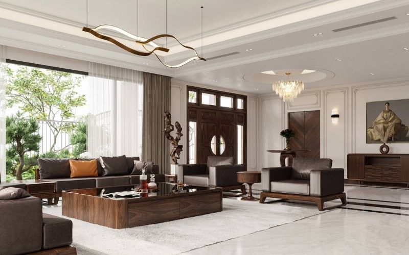 Trần giật cấp kín phòng khách biệt thự, bố trí nội thất gỗ cao cấp Trần giật cấp kín phòng khách biệt thự, bố trí nội thất gỗ cao cấp