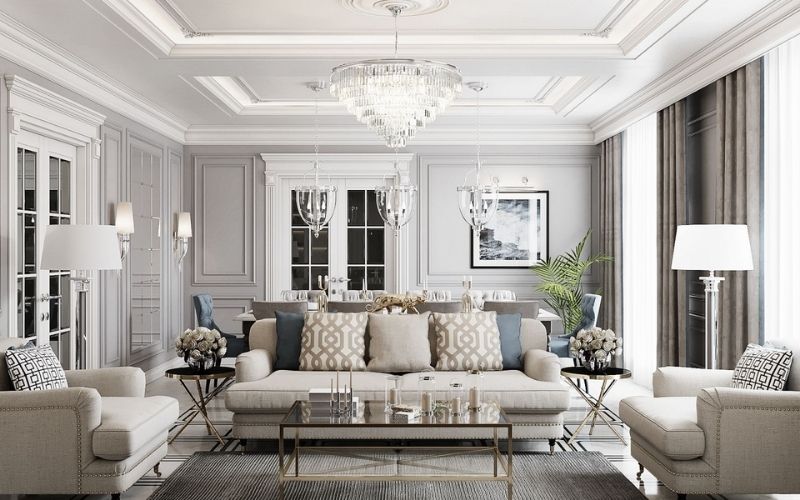 Trần giật cấp kín phòng khách biệt thự Tân cổ điển, nhấn điểm đèn pha lê Trần giật cấp kín phòng khách biệt thự Tân cổ điển, nhấn điểm đèn pha lê