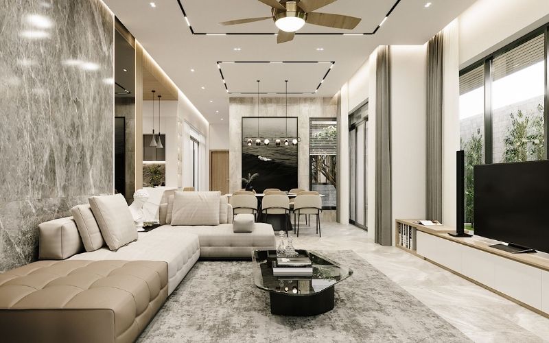 Trần thạch cao phòng khách biệt thự, kết hợp đèn led cùng quạt trần sang trọng Trần thạch cao phòng khách biệt thự, kết hợp đèn led cùng quạt trần sang trọng