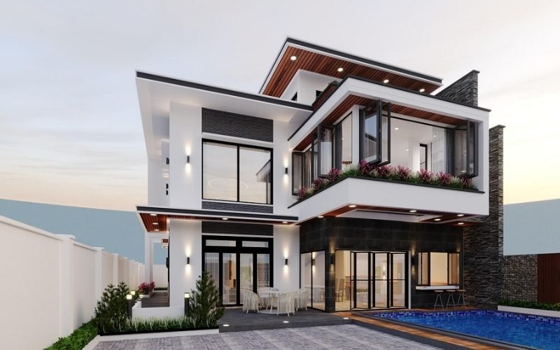 Biệt thự màu trắng sứ kết hợp đèn led âm trần cùng cửa kính hiện đại Biệt thự màu trắng sứ kết hợp đèn led âm trần cùng cửa kính hiện đại