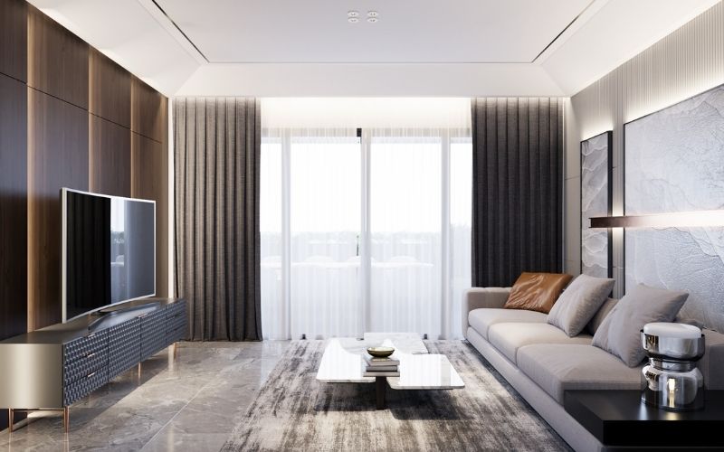 Trần giật cấp phòng khách chung cư với tường ốp gỗ sang trọng Trần giật cấp phòng khách chung cư với tường ốp gỗ sang trọng