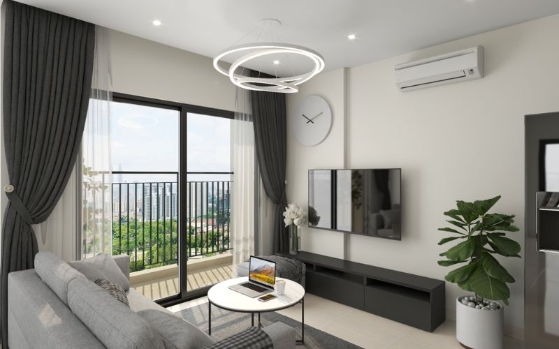 Trần phẳng cho phòng khách chung cư, nhấn điểm đèn thả cùng cây xanh Trần phẳng cho phòng khách chung cư, nhấn điểm đèn thả cùng cây xanh