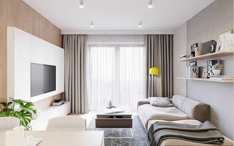 Trần phẳng cho phòng khách chung cư, kết hợp tủ ốp tường đa năng Trần phẳng cho phòng khách chung cư, kết hợp tủ ốp tường đa năng