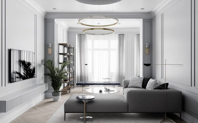 Trần thạch cao phòng khách chung cư gam màu xám phong cách Tân cổ điển Trần thạch cao phòng khách chung cư gam màu xám phong cách Tân cổ điển