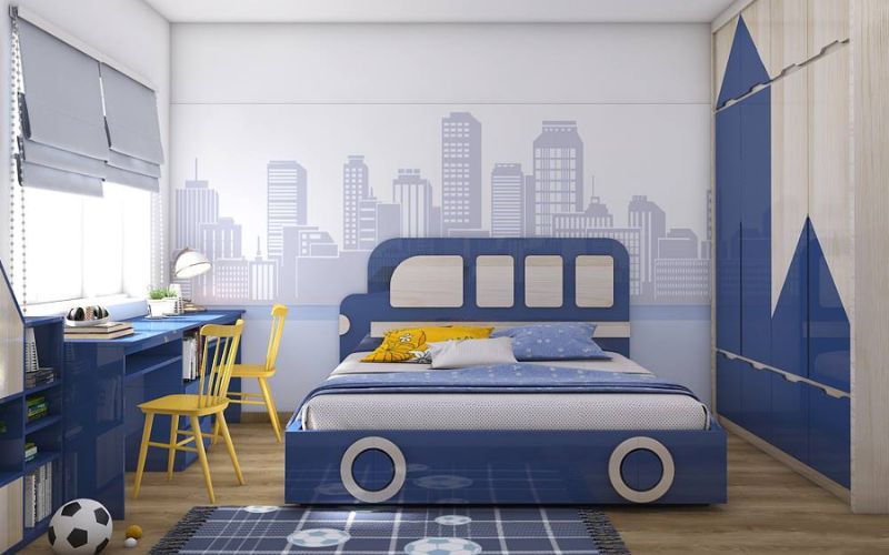 Phòng ngủ sơn màu xanh với họa tiết ô tô cho bé trai Phòng ngủ sơn màu xanh dương kích thích khả năng sáng tạo