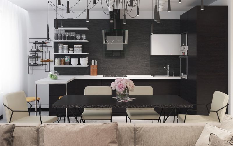 Mẫu phòng bếp phối màu trắng đen hiện đại Mẫu phòng bếp phối màu trắng đen hiện đại