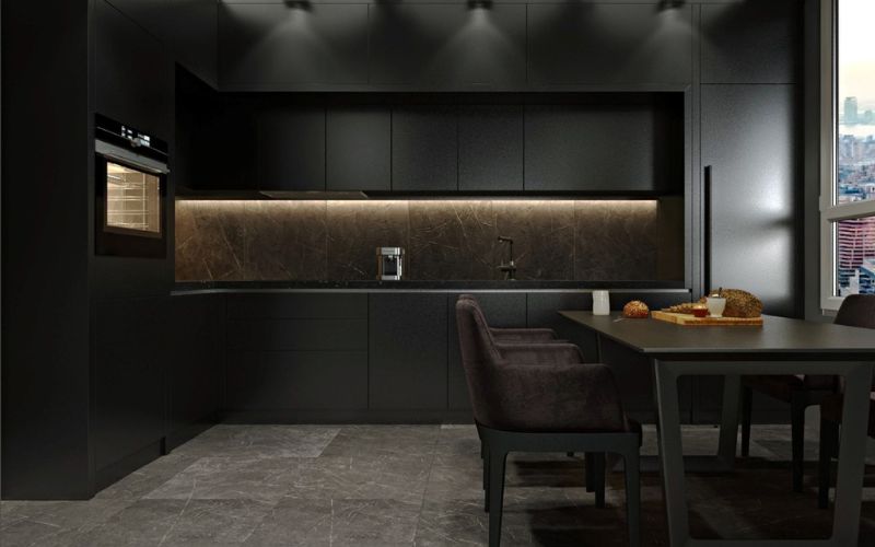 Phòng bếp sang trọng khi sơn màu đen Phòng bếp sang trọng cho người mệnh Thủy khi sơn màu đen