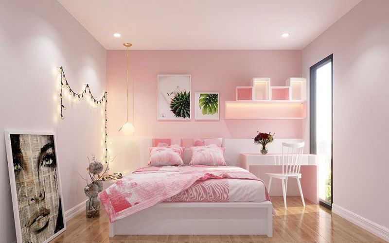 Không gian phòng ngủ dễ thương khi sơn màu hồng nhạt Không gian phòng ngủ dễ thương khi sơn màu hồng nhạt