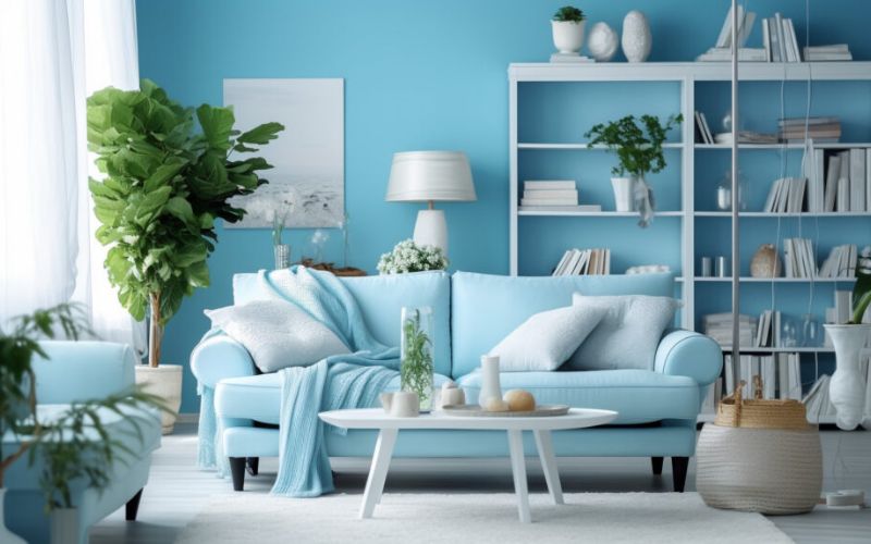 Không gian phòng khách trẻ trung khi sơn màu xanh Không gian phòng khách trẻ trung khi sơn màu xanh