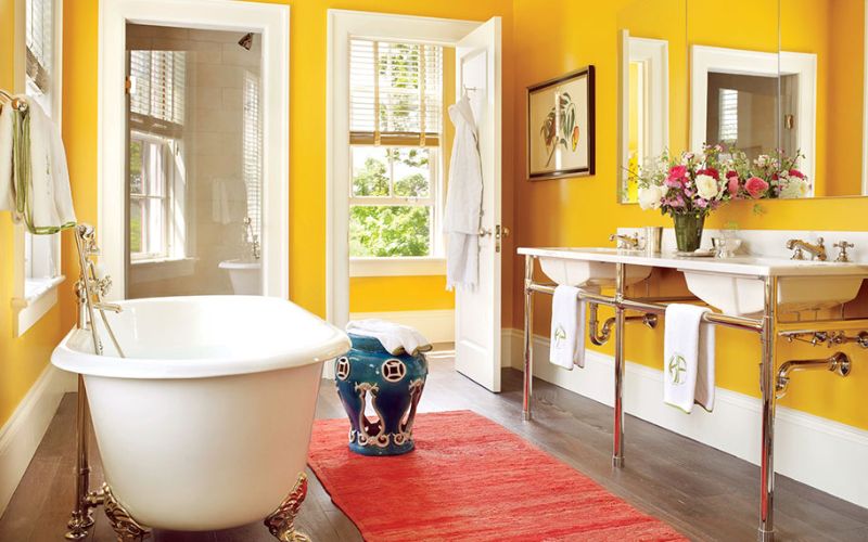 Không gian phòng tắm nổi bật khi kếp hợp màu vàng kim và trắng Không gian phòng tắm nổi bật khi kếp hợp màu vàng kim và trắng