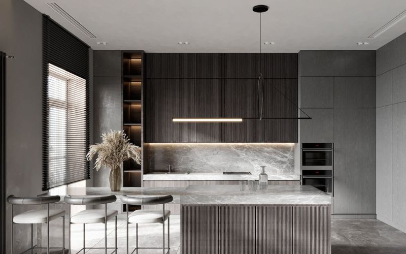 Có thể phối màu xám ghi đậm, nhạt để tạo chiều sâu cho phòng bếp Có thể phối màu xám ghi đậm, nhạt để tạo chiều sâu cho phòng bếp