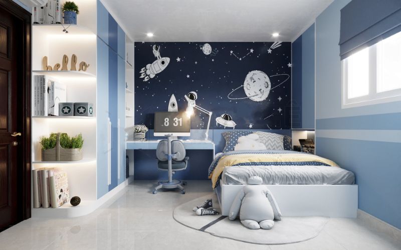 Sơn màu xanh đậm và nhạt cho phòng ngủ bé trai yêu thích khám phá vũ trụ Sơn màu xanh đậm và nhạt cho phòng ngủ bé trai yêu thích khám phá vũ trụ
