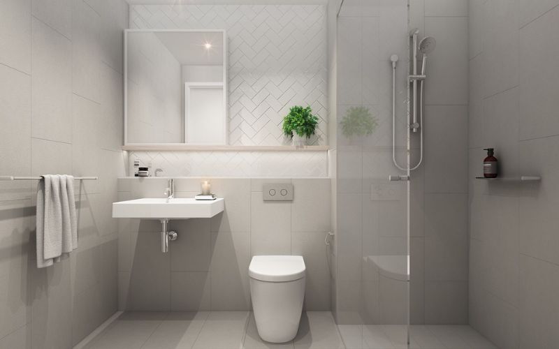 Kết hợp đèn tạo không gian phòng tắm màu trắng xám hiện đại