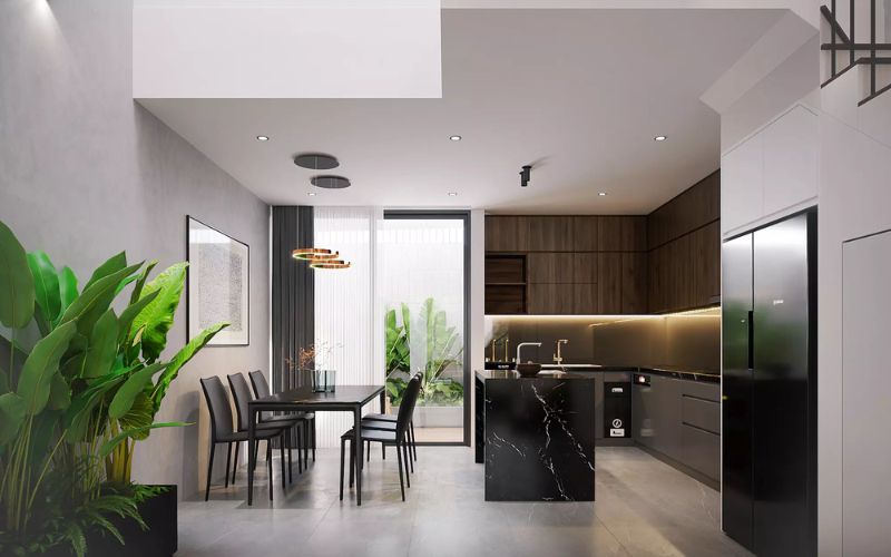 Sơn phòng bếp màu trắng xám tạo không gian sạch sẽ