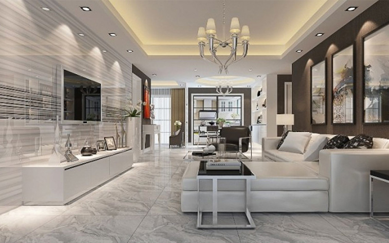 Thi công ốp lát gạch phòng khách sang trọng nhà phố