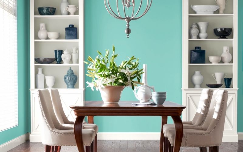 Thiết kế phòng khách tươi vui, nhẹ nhàng với gam màu xanh ngọc bích