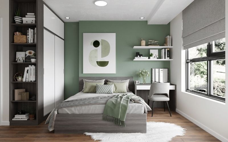 Phòng ngủ màu xanh rêu tạo cho không gian sự tươi mát