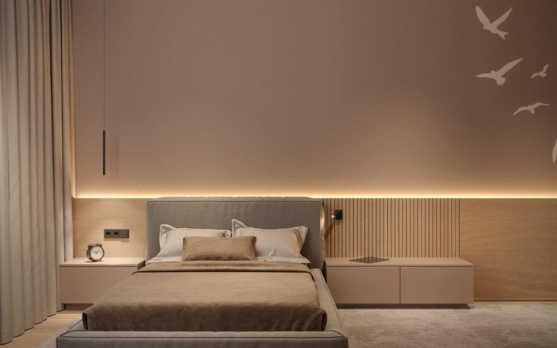 Phòng ngủ mộc mạc với màu nâu đất, kết hợp nội thất hiện đại