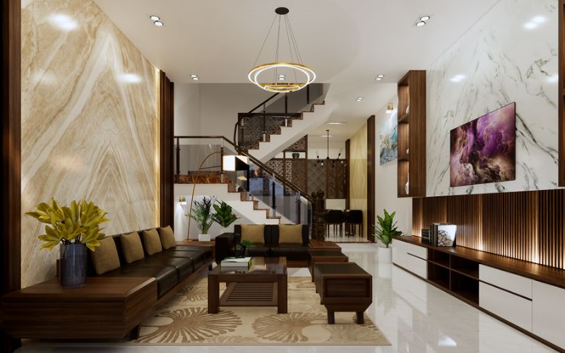 Không gian phòng khách hiện đại với kiểu sơn giả đá thạch anh