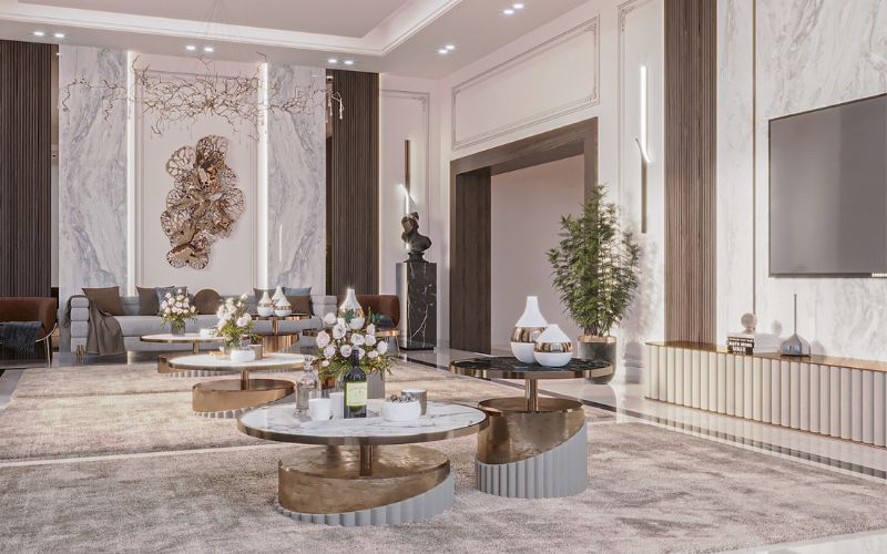 Phòng khách Tân cổ điển sang trọng với sơn giả đá cẩm thạch