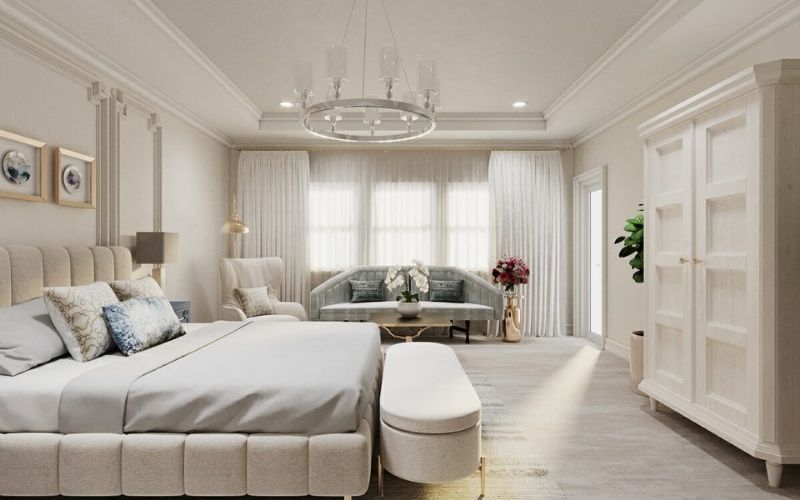 Phòng ngủ màu trắng sữa sang trọng với các vật dụng nội thất cùng tông màu