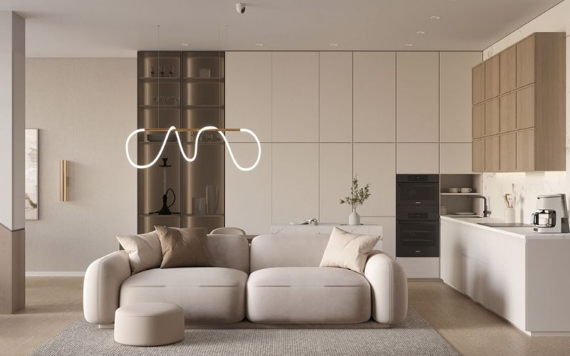 Phòng bếp sơn tường màu trắng sữa tạo cảm giác thoáng đãng và gần gũi