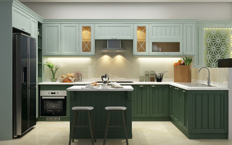 Căn bếp trở nên nhẹ nhàng, trầm ấm với màu xanh rêu
