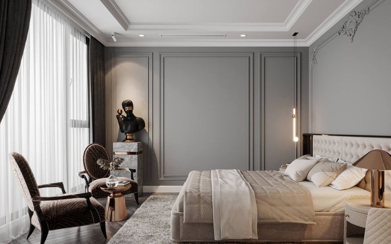 Phòng ngủ sơn màu xám vừa đơn giản mà lại hiện đại
