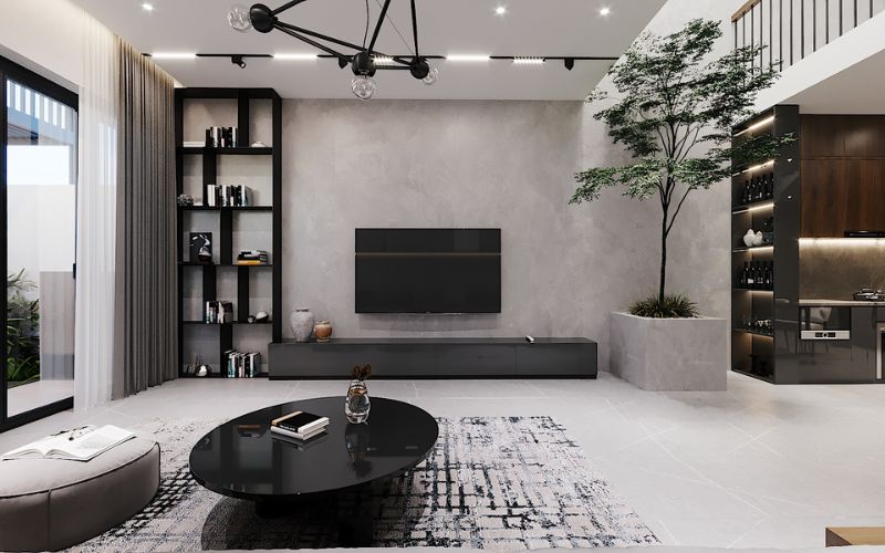 Phòng khách sơn giả bê tông, vân loang tự nhiên, tạo cảm giác mềm mại