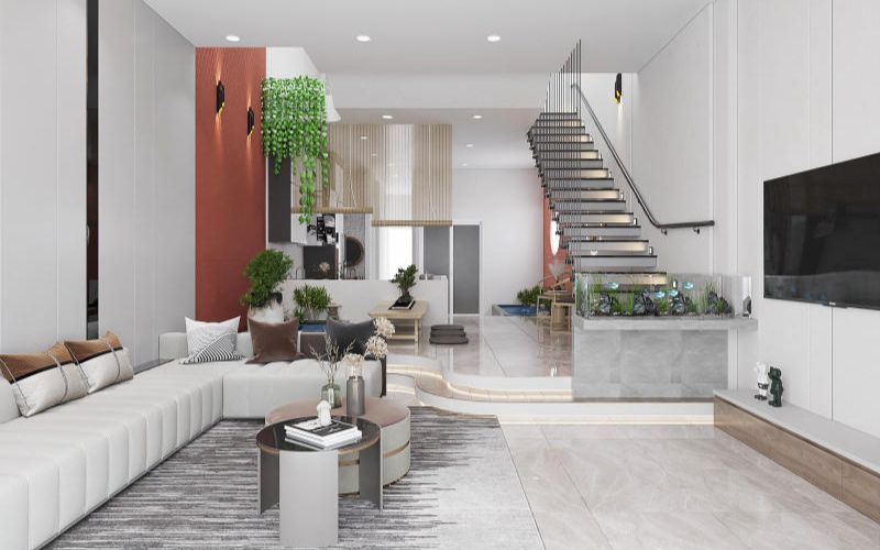 Mẫu trần phòng khách liền bếp chất liệu thạch cao đơn giản, kết hợp đèn led âm trần