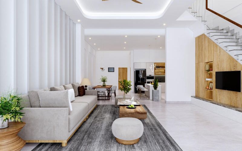 Mẫu trần cho phòng khách liền bếp hướng mở hiện đại 